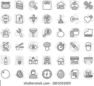 Editable thin line isolated vector icon set - account balance, scales weight, stopwatch, eye vector, dna, pipette, castle, shop, signpost, home, watch, alarm, table, photon, wrench, vegetable oil