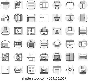 Editable thin line isolated vector icon set - door, arch window, plan, rack, curtain, table, nightstand, wardrobe, dresser, stool, chair, armchair, crib, washing machine, fireplace, floor lamp, hob