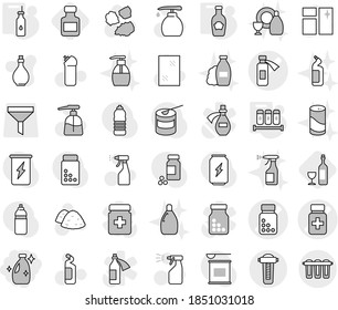 Editable thin line isolated vector icon set - cleanser, pills bottle vector, potion, vegetable oil, spices, ketchup, wine, window cleaning, liquid soap, sprayer, agent, garbage pile, shampoo, dish