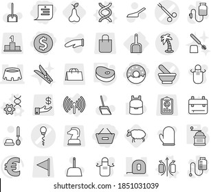 Editable thin line isolated vector icon set - dollar coin, remove from basket, shopping list, donut, mortar vector, sperm, surgical clamp, measuring tape, stadium, palm, wireless, scoop, dna, edit
