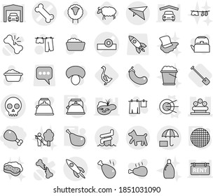 Editable thin line isolated vector icon set - chicken leg, head reflector vector, bone, skull, flower bed, insurance, rocket, deltaplane, aquapark, dog, satellite, kettle, sieve, sheep, shovel, pond
