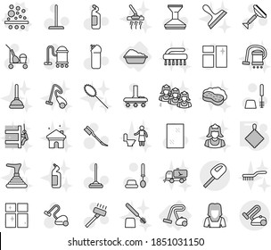 Editable thin line isolated vector icon set - washing, vacuum cleaner, filter vector, rag, scraper, trolley, mop, car fetlock, window cleaning, toilet brush, agent, shining, woman, skyscrapers