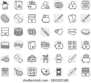 Editable thin line isolated vector icon set - bone, vector, Chair for babies, toaster, spatula, big fork, knife, hob, plates, cereals, steake, chicken leg, pancakes, flour, potato, cheese, oven