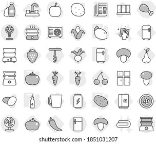 Editable thin line isolated vector icon set - chicken leg, cooler fan, water tap, fridge, cup, corkscrew, vegetable oil, potato, tomato, carrot, lemon, hot pepper, cherry, mushroom, corn, pear, beet