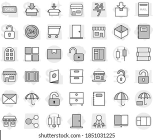 Editable thin line isolated vector icon set - unlock, box, mail, copybook, window, door, arch, package, insurance, shop, unlocked, book vector, archive, japanese candle, office, umbrella, share