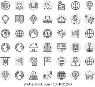 Editable thin line isolated vector icon set - dollar pin, home, road, geo, location details, globe, map, route a to b, mobile, earth, signpost, orbit vector, hierarchy, compass, world, flag, traking