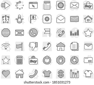 Editable thin line isolated vector icon set - star, right arrow, phone, ring button, on off vector, envelope, wireless, apron, calculator, flag, dollar, document, call, circle diagram, alarm clock