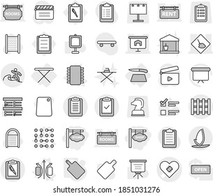 Editable thin line isolated vector icon set - store signboard, shop, pacemaker vector, under construction, presentation, clipboard, pen, check, pallet, surfer, windsurfing, iron board, cutting, chip