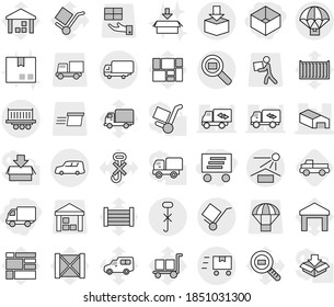 Editable thin line isolated vector icon set - box, delivery, warehouse, truck shipping, car, trolley, sun potection, do not hook sign, package, cargo search, parachute, fast deliver, pickup, wood