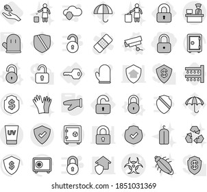 Editable thin line isolated vector icon set - lock, biohazard vector, customs control, protected, uv cream, safe, locked, unlocked, key, surveillance camera, unlock, cook glove, watering, hand leaf
