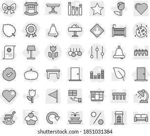 Editable thin line isolated vector icon set - bow, sale, heart, equalizer, medal, bridge, building, door, fountain, perishable, disco ball, restaurant, table, wardrobe, rocking chair, floor lamp