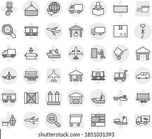 Editable thin line isolated vector icon set - delivery, plane, sea shipping, truck, car, loading crane, trolley, cargo top sign, do not hook, courier, warehouse, package, search, railroad, airplane