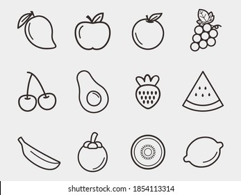editable thin line isolated vector icon set - mango, apple, orange, grape, cherry, avocado, strawberry, watermelon, banana, mangosteen, kiwi, lemon.
