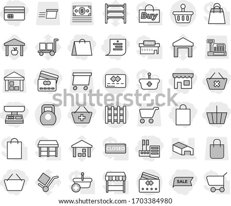 Editable thin line isolated vector icon set - basket, credit card, add to, delete cart, shop, store, market scales, shopping list, bag, sale, warehouse, heavy, pallet, cargo vector, shelving, money