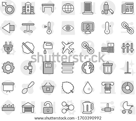 Editable thin line isolated vector icon set - bin, delete cart, left arrow, copybook, male sign vector, column, garage, building, satellite, passenger, table, share, plug, plane, kettle, seedling