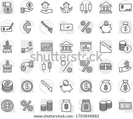 Editable thin line isolated vector icon set - hand coin, percent, money, house hold vector, bank, japanese candle, crisis, bag, piggy, investment, stack, check, building, cent sign, dollar, gift