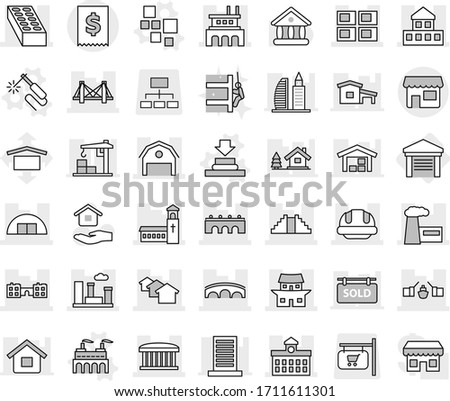 Editable thin line isolated vector icon set - bridge, drawbridge, cottage, airport building, church, houses, hangare, panel house, brick, barn, factory, university, school, pyramid, japanese, city
