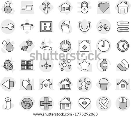 Editable thin line isolated vector icon set - home, percent, left arrow, virus vector, medical harness, cross, panel house, smart, clock, plane, bike, key, bucket, pets, on off button, lock, towel