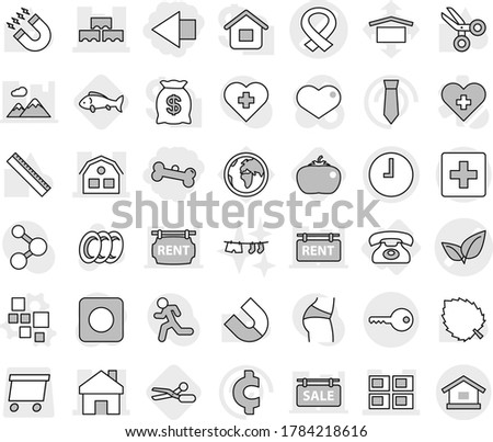 Editable thin line isolated vector icon set - left arrow, bone, medical harness vector, leafs, home, panel house, block wall, clock, first aid, key, phone, blocks, scissors, fish, tomato, plates