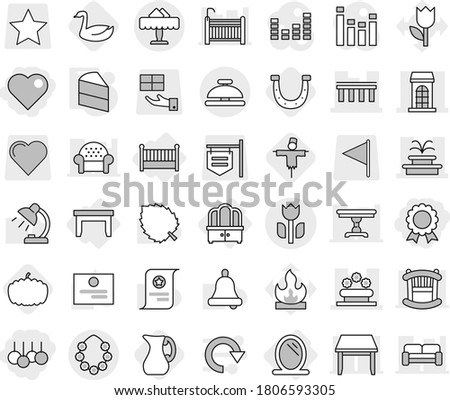 Editable thin line isolated vector icon set - sale, heart, medal, bridge, building, fountain, flower bed, perishable, hawaiian wreath, restaurant, service bell, mirror, table, dresser, crib, cake