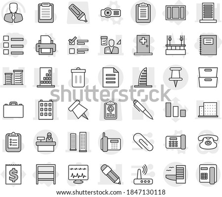 Editable thin line isolated vector icon set - list, copybook, pencil, building, skyscrapers, skyscraper, district, architector, pin, phone, clipboard, document, hotel, reception, rack, window, case
