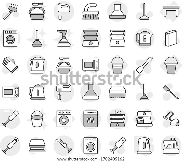 Editable thin line isolated vector icon set -\
table, washing machine, bucket, coffee maker, kettle, blender,\
plunger vector, vacuum cleaner, fetlock, mop, sponge, car, powder,\
rubber glove, spatula