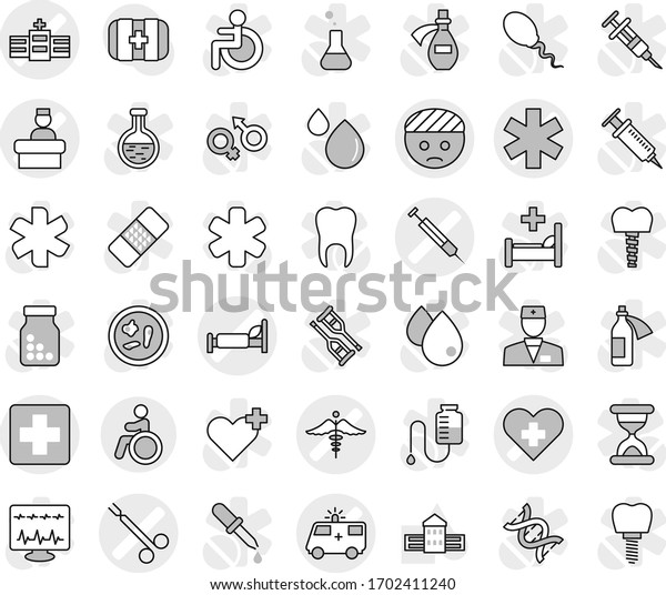 Editable thin line isolated vector icon set - medical\
cross vector, ambulance star, heart, bandaged head, hospital bed,\
car, syringe, recieption, surgical clamp, sign, invalid, school\
building, dna