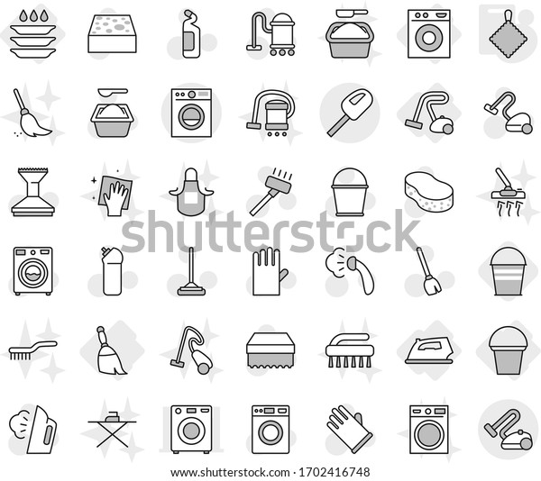 Editable thin line isolated vector icon set -\
iron, washing machine, broom, bucket, vacuum cleaner, plate, rag,\
vector, mop, sponge, car fetlock, steaming, washer, powder,\
cleaning agent,\
wiping