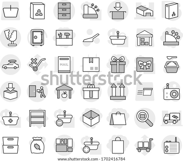 Editable thin line isolated vector icon set -\
gift, shopping bag, box, cashbox, tools, archive vector, warehouse,\
consolidated cargo, top sign, courier delivery, package, hi\
quality, search,\
broken