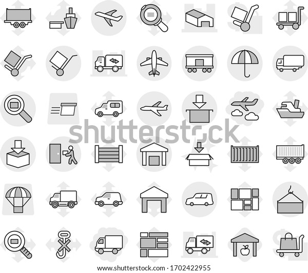 Editable thin line isolated vector icon set -\
delivery, journey, warehouse, plane, shipping, car, loading crane,\
trolley, dry cargo, courier, package, search, railroad, airplane,\
ship vector, port
