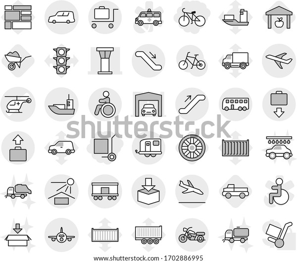 Editable thin line isolated vector icon set -\
cargo stoller, bike, ambulance helicopter vector, airport tower,\
plane, sea shipping, car, sun potection, package, railroad,\
trailer, bus,\
motorcycle