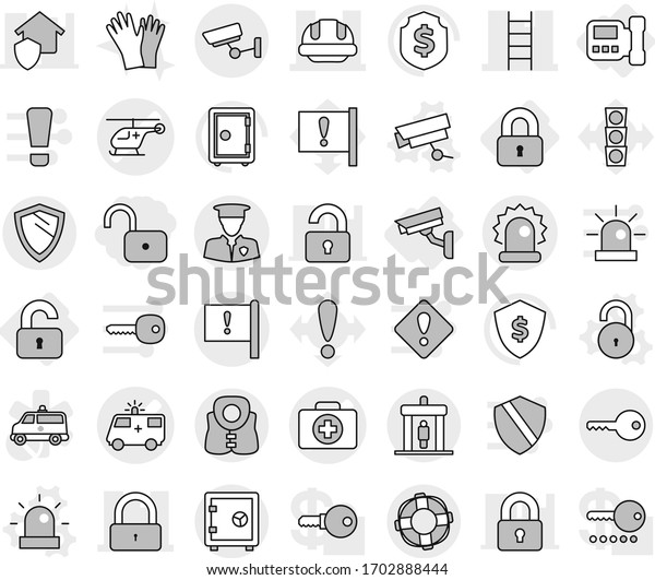 Editable thin line isolated vector icon set - unlock,\
doctor case vector, ambulance car, helicopter, stairs, lock,\
building helmet, important flag, alarm, security man, detector,\
surveillance, key