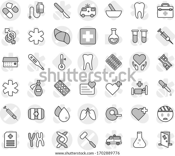 Editable thin line isolated vector icon set -\
medical cross vector, dna, pill, ambulance car, tooth, lungs,\
liver, health care, doctors hammer, syringe, mortar, thermometer,\
flask, heart monitor