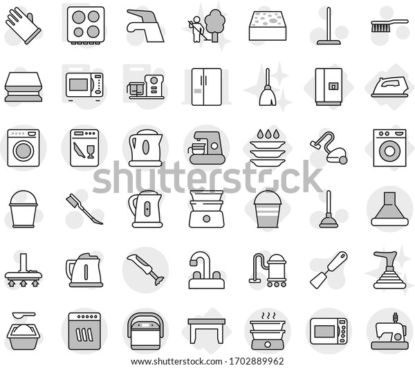 Editable thin line isolated vector icon set - table,\
iron, washing machine, fridge, plate, microwave oven, hob, food\
processor, bucket, plunger vector, water tap, vacuum cleaner,\
fetlock, mop, car
