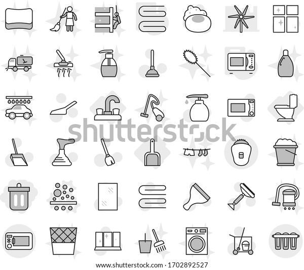 Editable thin line isolated vector icon set -\
bin, water tap, toilet, scoop, filter vector, towel, microwave\
oven, soap, plunger, scraper, cleaner trolley, broom, window\
cleaning, liquid,\
shining