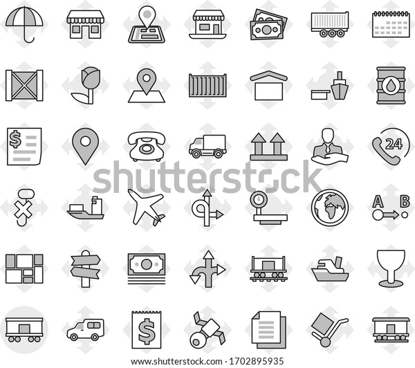 Editable thin line isolated vector icon set -\
railroad shipping, route vector, signpost, navigator, earth, map\
pin, Railway carriage, office, plane, satellite, money, phone, 24,\
client, ship, car