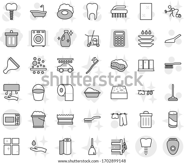 Editable thin line isolated vector icon set - bin,\
cleanser, tooth implant vector, washing, plate, filter, scraper,\
cleaner trolley, fetlock, mop, scoop, sponge, trash, window\
cleaning, bath, broom