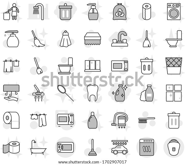 Editable thin line isolated vector icon set - bin,\
cleanser, water tap, microwave oven, plunger vector, broom,\
fetlock, sponge, towel, trash, toilet, drying clothes, liquid soap,\
shining window