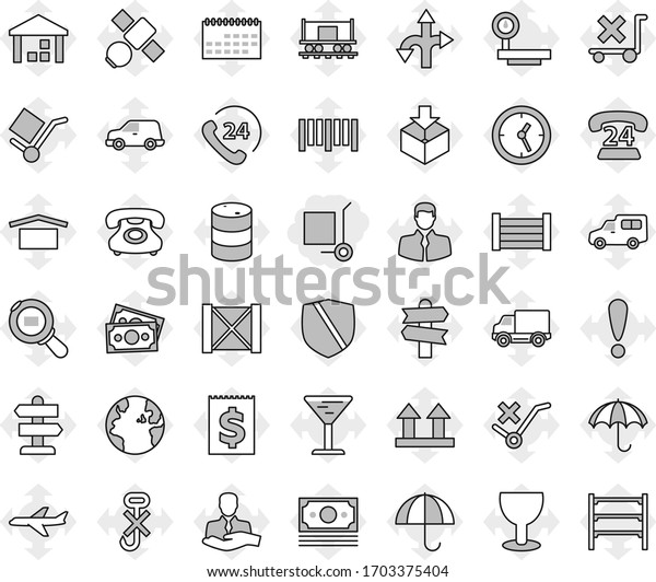 Editable thin line isolated vector icon set -\
cargo stoller, route vector, signpost, earth, Railway carriage,\
attention, plane, satellite, money, phone, 24, client, delivery,\
car, clock, calendar