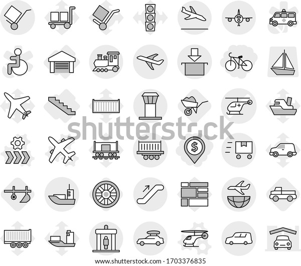 Editable thin line isolated vector icon set -\
dollar pin, bike, ambulance helicopter vector, plane, sea shipping,\
truck, car, trolley, package, fast deliver, train, baggage, airport\
tower, escalator