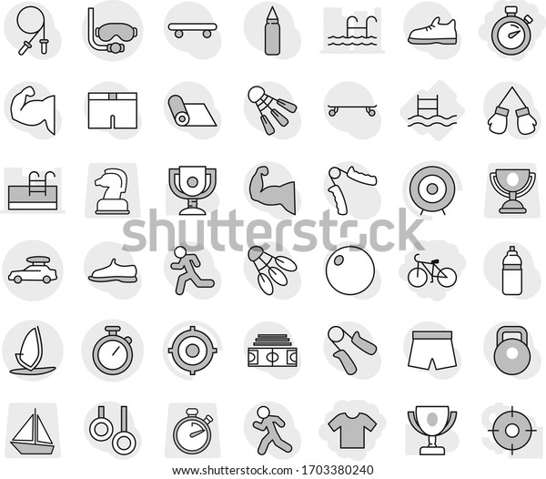 Editable thin line isolated vector icon set - t\
shirt, stopwatch, bike, car baggage, diving mask, windsurfing,\
pool, award cup vector, target, stadium, weight, jump rope, hand\
trainer, punching bag