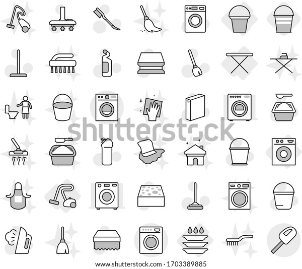 Editable thin line isolated vector icon set - iron\
board, washing machine, bucket, vacuum cleaner, plate, broom\
vector, mop, sponge, car fetlock, steaming, washer, powder,\
cleaning agent,\
wiping