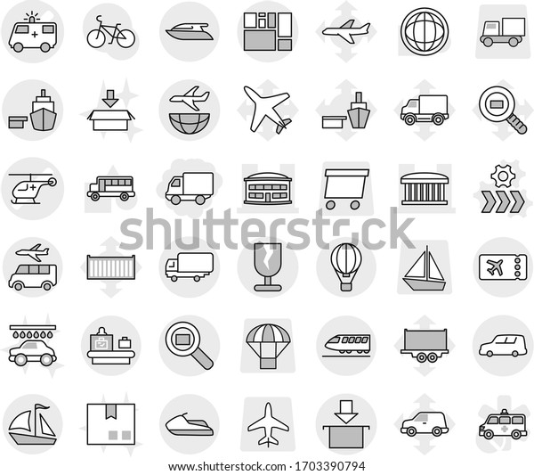 Editable thin line isolated vector icon set -\
delivery, ambulance car vector, helicopter, airport building,\
shipping, port, consolidated cargo, fragile, package, search,\
plane, train, sail\
boat