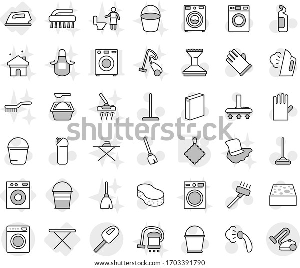 Editable thin line isolated vector icon set - iron,\
board, washing machine, rag, bucket, broom vector, vacuum cleaner,\
mop, sponge, car fetlock, steaming, washer, powder, cleaning agent,\
house