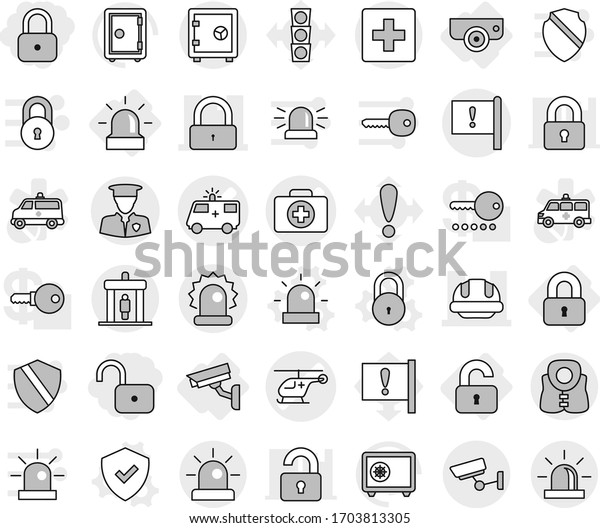 Editable thin line isolated vector icon set\
- lock, unlock, doctor case vector, ambulance car, helicopter,\
building helmet, important flag, alarm, security man, detector,\
first aid,\
surveillance