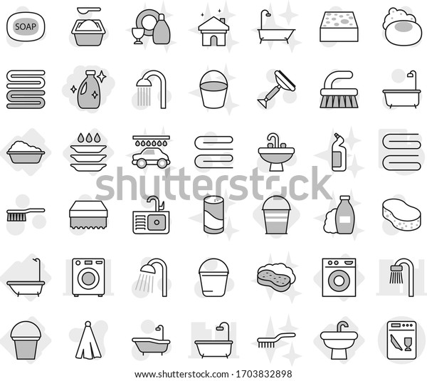 Editable thin line isolated vector icon set -\
cleanser, sink, bath, washing machine, bucket, plate, towel, soap\
vector, scraper, fetlock, sponge, powder, shower, shampoo, dish,\
house cleaning, brush