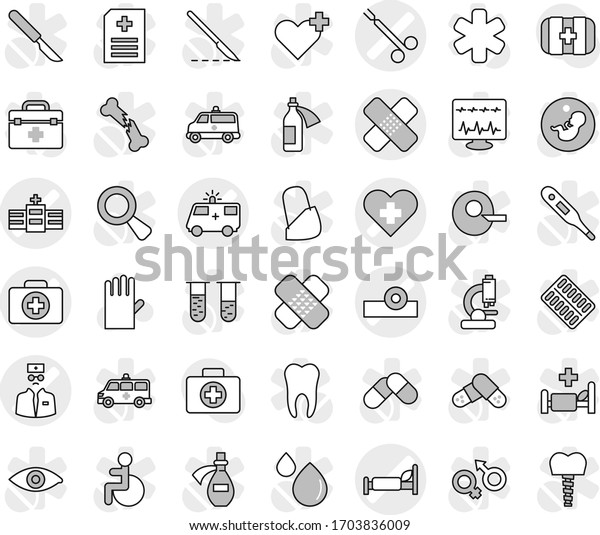 Editable thin line isolated vector icon set - heart\
cross vector, doctor case, medical patch, head reflector, hospital\
bed, ambulance car, surgical clamp, rubber glove, first aid kit,\
bag, star, eye