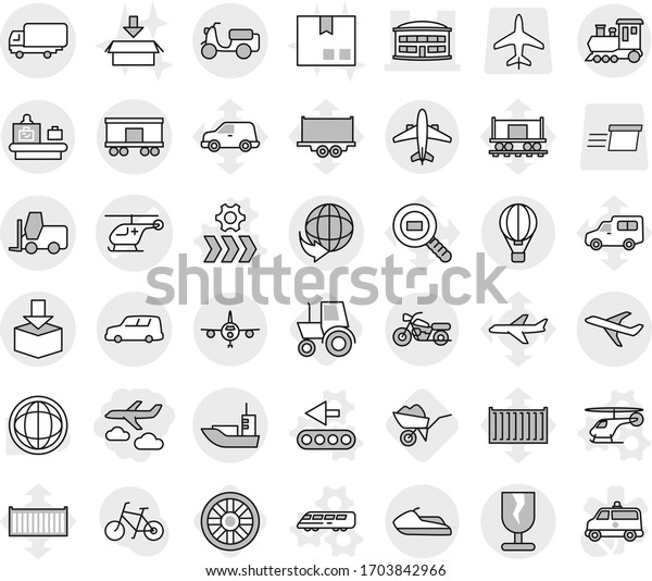 Editable thin line isolated vector icon set -\
journey, ambulance helicopter vector, airport building, plane,\
delivery, sea shipping, car, scooter, fragile, package, fork\
loader, railroad,\
train