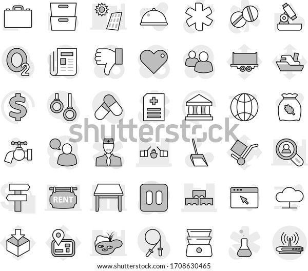 Editable thin line isolated vector icon set -\
drawbridge, block wall, scoop vector, water tap, double boiler,\
dish, cereal, case, microscope, archive, bank, dollar sign, jump\
rope, pills, oxygen