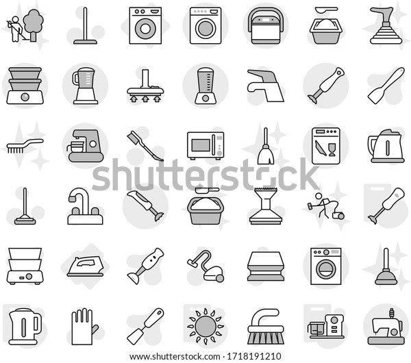 Editable thin line isolated vector icon set - iron,\
washing machine, kettle, gas oven, blender, food processor, water\
tap vector, vacuum cleaner, fetlock, mop, sponge, car, powder,\
rubber glove